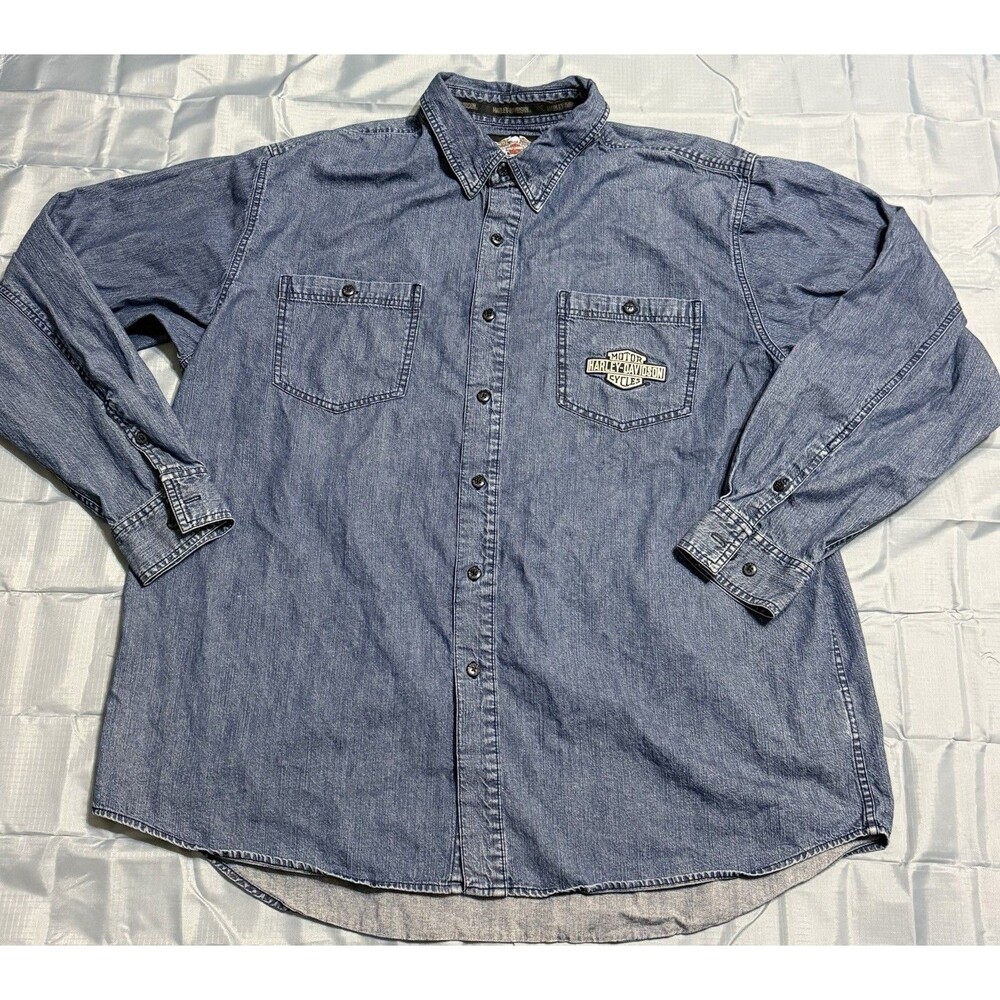 Vintage Harley Davidson Long Sleeve Denim Button Up V-Twin Power Mens XXL Tall